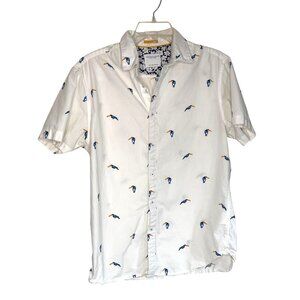 Denim & Flower Ricky Singh Mens M White Cotton Toucan Print Short-Sleeve Shirt